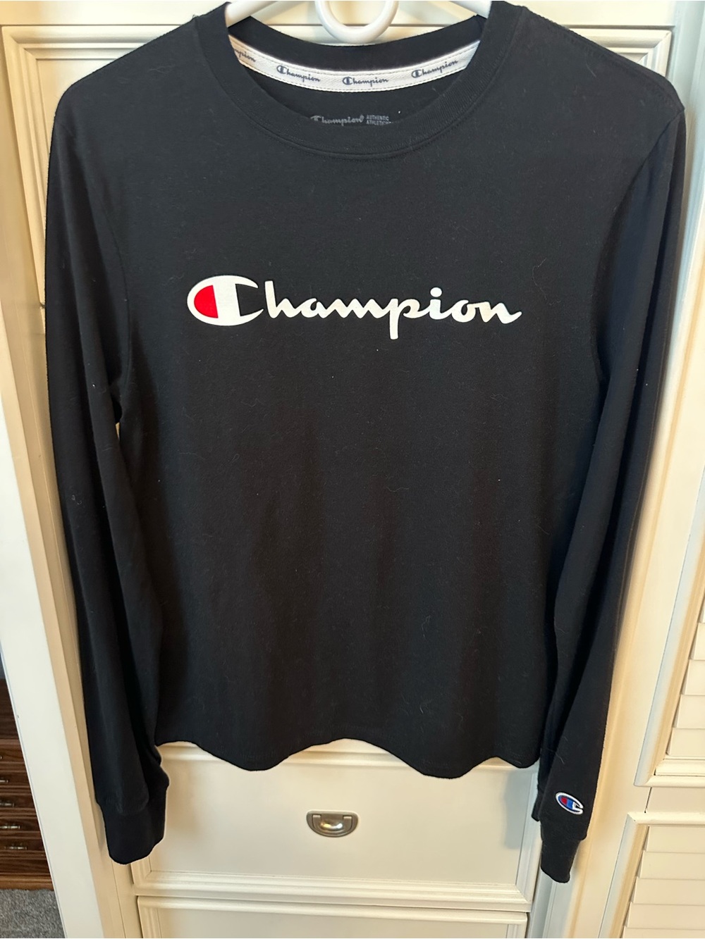 Champion Black Long Sleeve Tee with White Script and Red Logo
